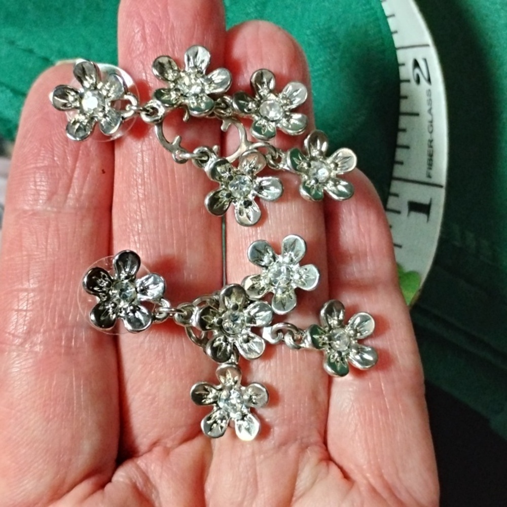 Vintage Silver Floral Dangle Earrings With Crystal Centers - Picture 7 of 9